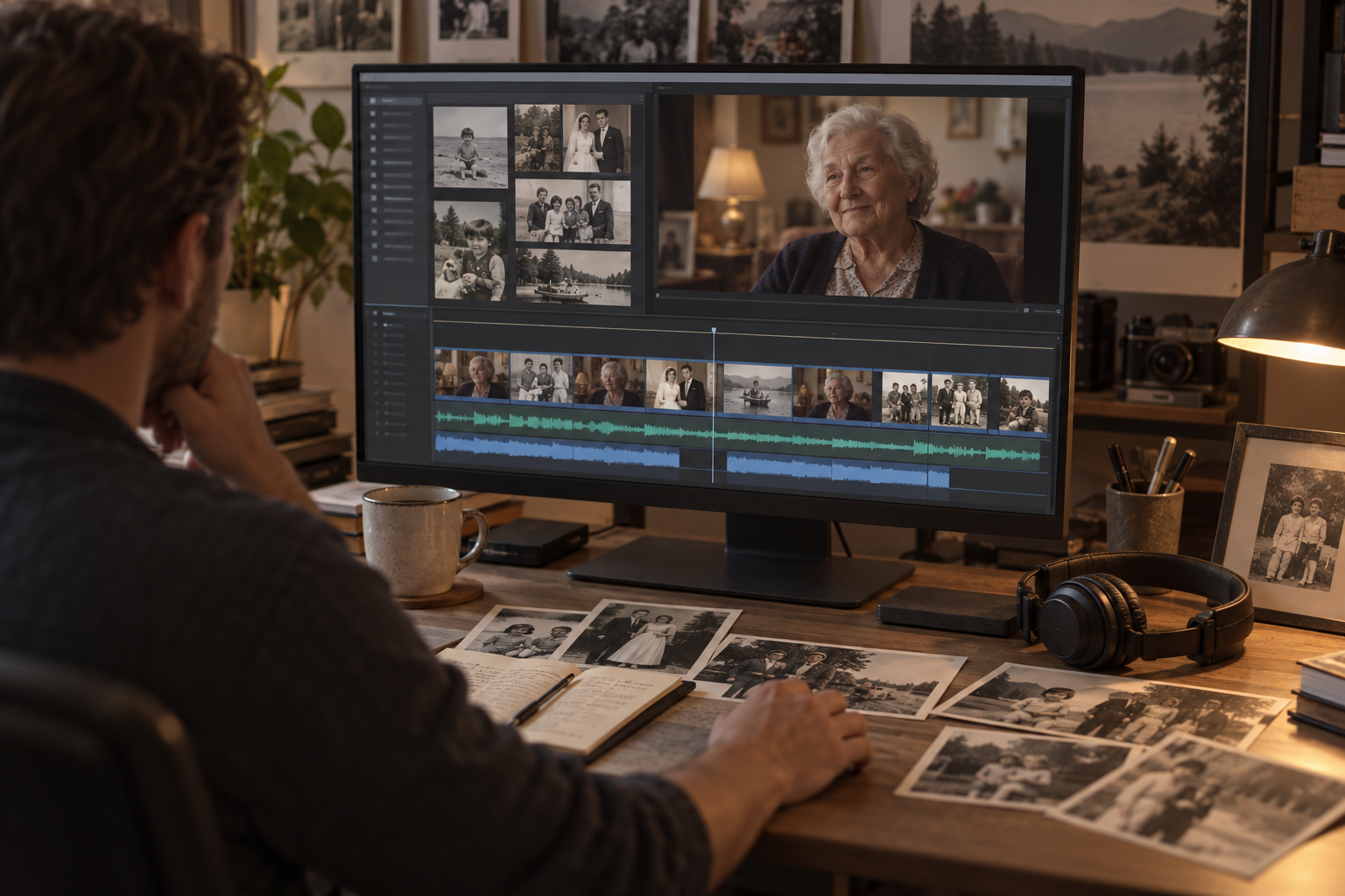 Illustration of an editor combining interview footage and family photographs