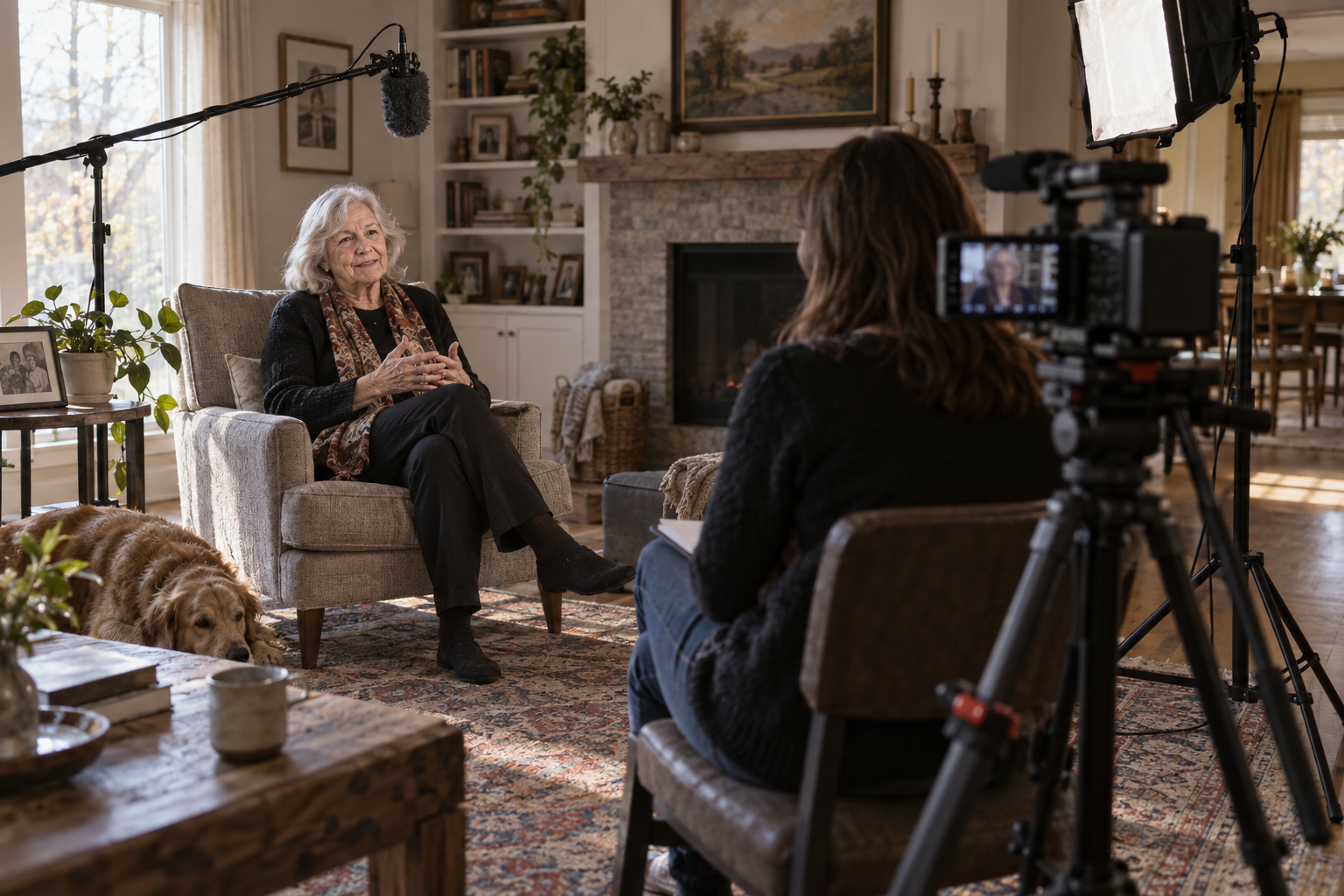Illustration of a camera and lighting arranged for an interview in a living room