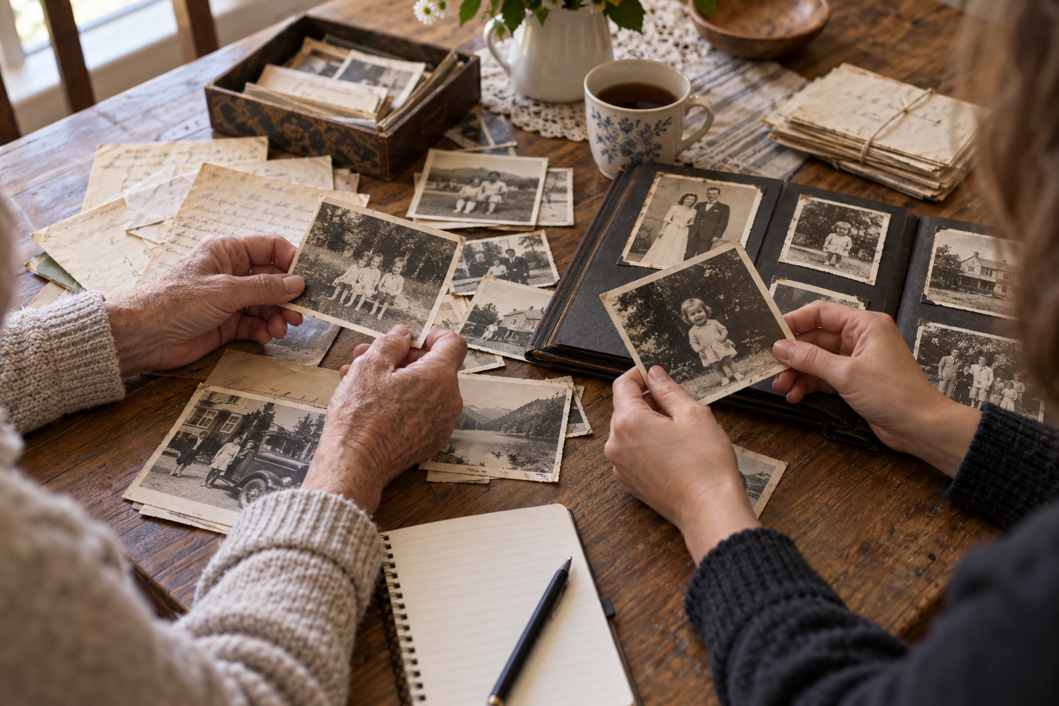 Illustration of a family gathering photographs and letters for an interview